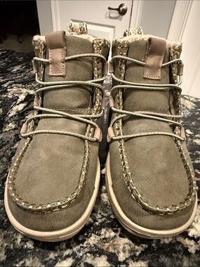 Hey Dude Olive Suede Lace-Up Moc Toe Ankle Booties